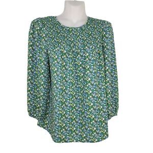 Pleione Women's Top Small Green Floral Smocked Keyhole Neck 3/4 Sleeve Blouse